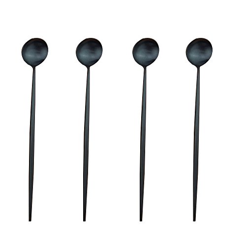 Black Long Handle Spoon Titanium Plated Stainless Steel Ice Cream Spoon,Tea Ice Spoon, Cocktail Stirring Spoons,Coffee Spoons Pack of 4,(Matte Black)