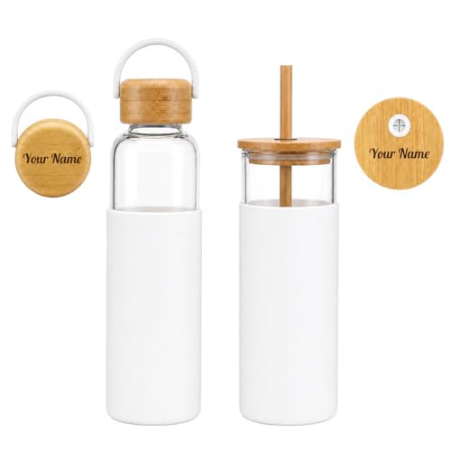 Image of Giftana Personalized Borosilicate Glass Water Bottle 500ml with Glass Sipper Tumbler 450ml, Reusable Leakproof Drinking Bottle with Silicone Sleeve, Eco-Friendly Bottle for Office Gym Travel (White)