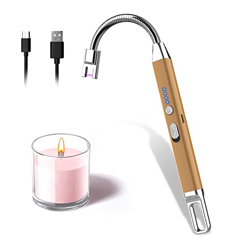 Encendedor Electrico, Rouclo Arco Electrico con Indicador de Bateria, 360 Grados Flexible, Recargable USB para Cocina de Gas, Chimenea, Barbacoa (Oro Rosa)