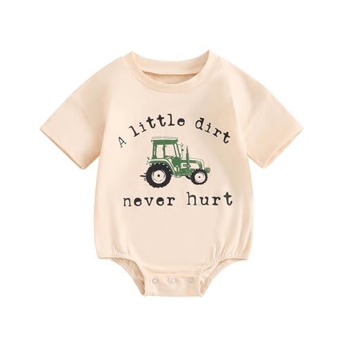 Image of baorji Newborn Baby Boy Bubble Romper A Little Dirt Never Hurt Tractor Short Sleeve Tshirt Bodysuit Summer Farm Outfit