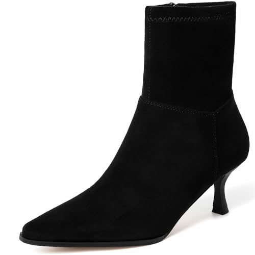 RIBONGZ Ankl Boots for Women Stiletto Kitten Heel Sexy Cowgirl Booties Side Zipper Pointed Toe Low heels Fall Dressy Mid Calf Short Fashion Winter Leather or Suede Work Party Office Shoes
