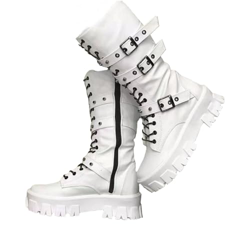ZKXYFFS Women's Goth Ankle Booties Chunky High Heel Mid Calf Boots Side Zip Combat Lace Up Punk Rivet Motorcycle Platform Boots