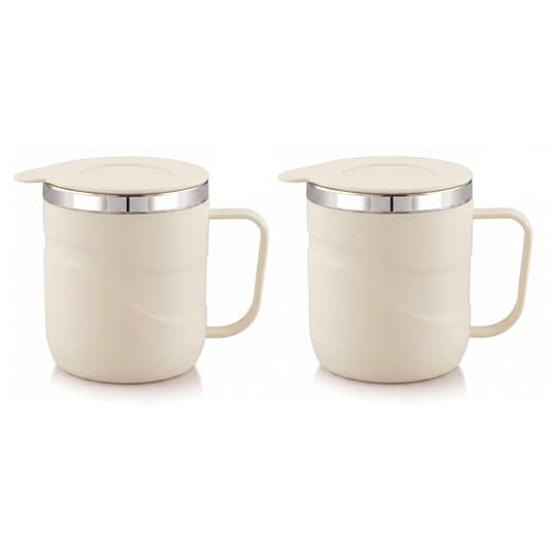 Image of ATTRO Brew Mug Set of 2 - Stainless Steel Inner Coffee & Tea Mug with Eco-Friendly Outer Body, Durable & Stylish Design, Handle & Lid, Ideal for Home, Office, Travel & Gifting-300ml-Ivory