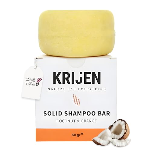 Krijen Shampooing Vegan Festes à l'huile de coco & à l'huile d'orange - Volume pour cheveux fins & normaux - Avec protéines végétales & provitamine B5 - Fait main - Agit même avec de l'eau dure - 50g