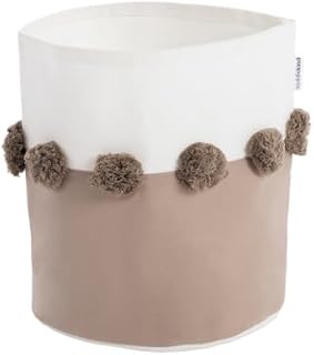 Organic Cotton Nursery Storage Bins with Pom Pom Accents | Small (9 x 10") | Ideal for Baby Registry | Stylish and Versatile Fabric Baskets for Toys, Diapers, and More, Tan (Taupe)