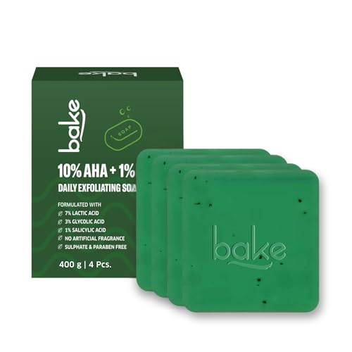 Image of BAKE 10% AHA + 1% BHA Scrub Treatment Soap with Lactic Acid, Glycolic Acid, 1% Salicylic Acid | For Clogged Pores, Exfoliation, Strawberry Skin & Bright Underarms | Soap for Women & Men | 100g x 4 (Pack of 4)