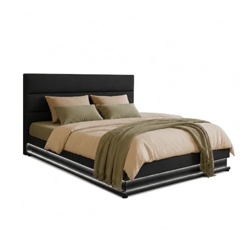 MB Muebles Bonitos | Cama de Matrimonio Nitas para Colchón de 150x190 cm | Luz LED | Canapé Abatible | Somier de Láminas | Estructura de Madera tapizada en Polipiel | Color Negro