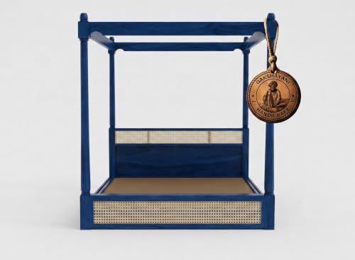 Image of Sheesham Solid Wood Allure Poster Bed for Bedroom | Handmade Wooden Cot | Elegant Four Poster King Size Bed Frame (Blue, King, Allure with Storage(Cane 2))