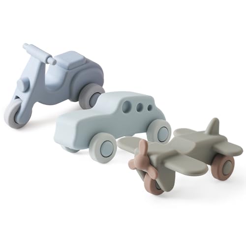 Etucdose ミニカー 飛行機 バイク おもちゃ 3点セット 柔らかい シリコン ブルー 乗り物おもちゃ 知育玩具 2歳 3歳 赤ちゃん 0歳〜1歳 新生児贈り物 プレゼント 男の子
