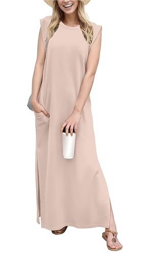 Image of GRECERELLE 2026 Women Year-Round Casual Round Neck Loose Split Wrinkle-Free Long Maxi Vacation Dress with Pockets (XXS-4XL)