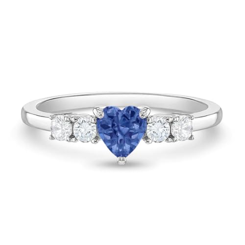 In Season Jewelry Solitaire Birthstone Heart Ring - Hypoallergenic 925 Sterling Silver Cubic Zirconia Girls Rings - Comfortable & Safe for Preteens Teens & Young Girls - Blue - Size 3