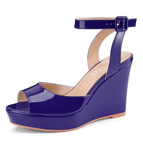 Image of Women's Dressy Platform Wedge Sandals Gold Wedges Peep Toe Patent High Heels Slingback Heeled Comfortable Ankle Strap Shoes