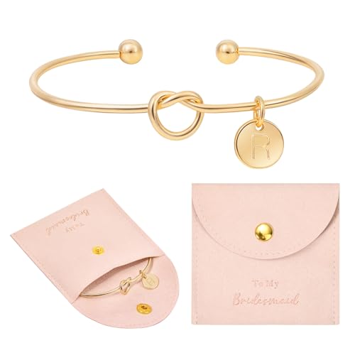 Image of Knot Bracelet Bridesmaid Gifts Initial Bracelet & Microfiber Jewelry Bags Pouch Bridesmaid Proposal Gifts for Wedding Day Bridesmaid Jewelry Bridal Party Gifts (Pink Gold R)