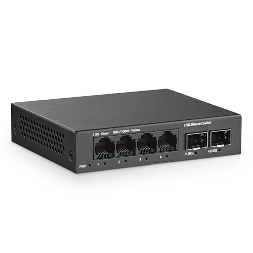 Image of 6 Port 2.5G Switch, 4 x 2.5GBASE-T Ports with 2 x 10G SFP+, Metal Mini Case, 60Gbps Switching Capacity, Fanless Plug & Play YuLinca Unmanaged Network Switch