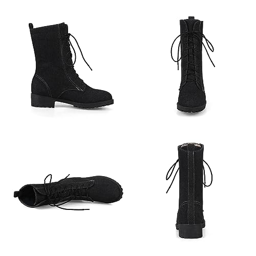 Optigard Women's Lace-up Denim Ankle Boots,Plush Round Toe Causal Non-slip Low Heel Mid-Calf Dress Boots3