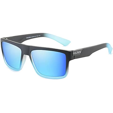 FELRES Mens Sport Polarized Sunglasses Outdoor Riding Square Windproof Eyewear F918 (Frame width:141mm, Black&Azure/Azure) Cover