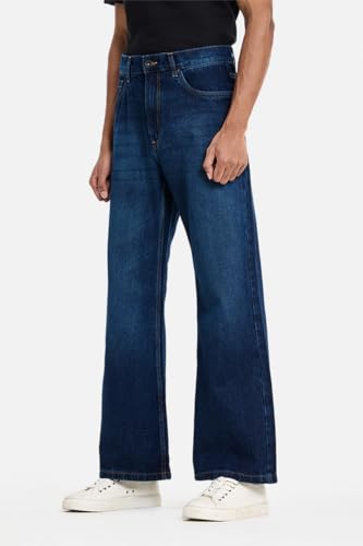 Image of SNITCH Men Flared Fit Jeans | Mid Rise Stone-Washed Denim with Raw Frayed Hem & 5-Pocket Design | 100% Cotton Woven Fabric for Casual & Everyday Wear