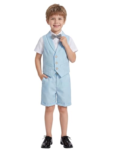Image of LOLANTA Boys 4PCs Summer Suits, Short Suit Set for Wedding Ring Bearer Outfits Dress Clothes Vest Shirt Shorts Bow Tie