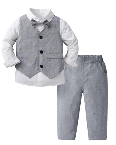 Toddler Boy Clothes Suit Gentleman Wedding Outfits, Formal Dress Shirt+Bowtie+Vest+Pants,