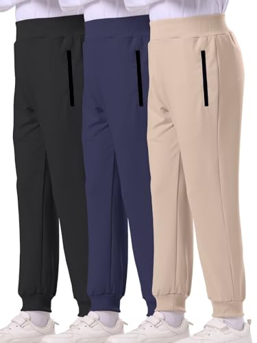 BINPAW 3 Pack Boys Pull On Sweatpants Active Jogger Pants with Zipper Pocket Athletic Pants for Kids, Black/Blue/Khaki, 13-14 Years = Tag 160