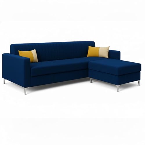 Image of SOCOZI Anton 5 Seater L Shape Sofa Set with Movable Ottoman | Flexible Layout | Soft Velvet Suede Fabric | Modern Design | Plush Comfort Cushions for Living Room (Dark Blue) | Breathable Material