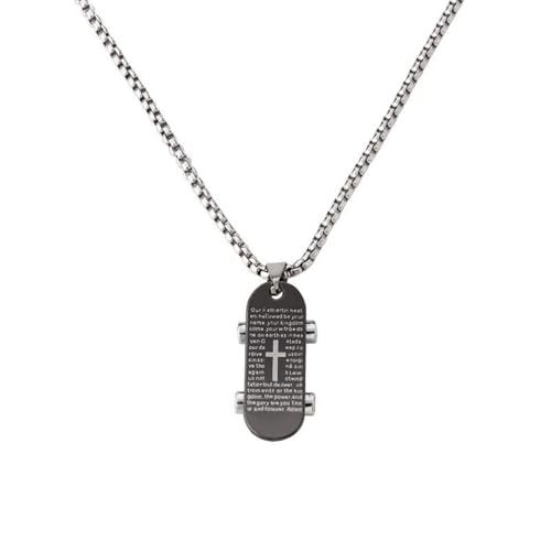 Collar con cruz de acero titanio pulido con grabado de la oración del Señor cristiana
