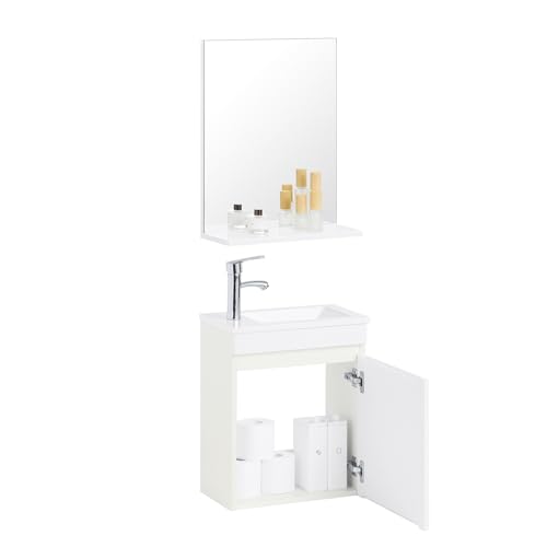 SoBuy Waschbeckenunterschrank schmal Badmöbel Set Wandspiegel Badezimmerschrank Waschtisch Waschbecken mit Unterschrank Badspiegel Weiß BZR170-SET