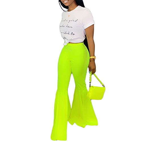 GUOLEZEEV Women's High Waist Ruffle Bell Bottom Wide Leg Flare Pants Trousers M Green
