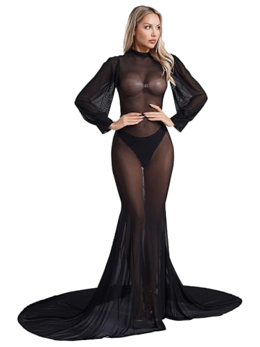 CHICTRY Womens See Through Mesh Maxi Dress Long Sleeve Court Train Sheer Cover-up Dress for Nightwear4
