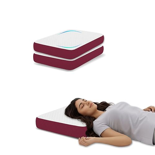 Image of Cervical Pillow Set of 2 for Neck Pain Relief, High Density Memory Foam Support, Luxury Breathable Case, Orthopedic Bedding for Aligned Spine, White /Maroon,50x30x6 cm