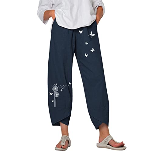 Image of Cotton Linen Capri Pants for Women 2025 Casual Printed Cropped Palazzo Pants Elastic Waist Lounge Baggy Trousers