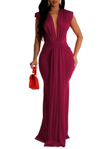 Image of Ekaliy Elegant Bodycon Dresses for Women Deep V Neck Maxi Dress Mermaid Long Dress