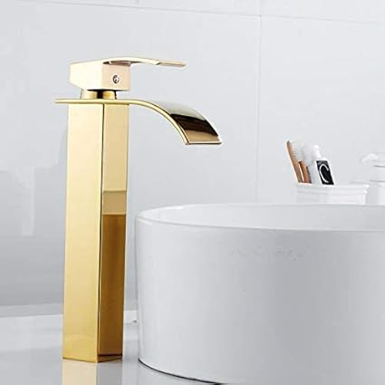 Marcoware Brass Cascade Fall Antique Single Lever Basin Mixer with Hot & Cold Connection Hoses, Tall Size, Gold Color, Polished Finish