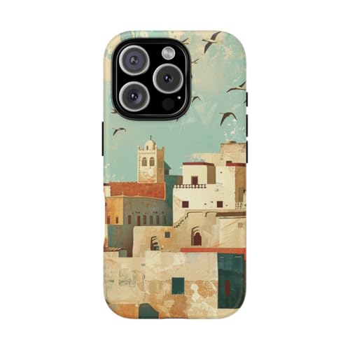Coque rigide mate iPhone 16 Pro anti-glisse motif ville marocaine