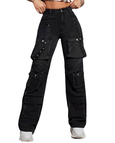 Women's Cargo Jeans High Waisted Flap Pocket Straight Leg Denim Pants Y2K Hip Hop Streetwear Trousers