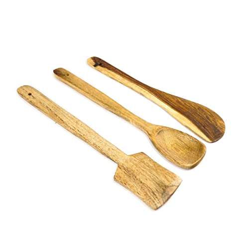Image of Sanjeev Kapoor by OGGN Natural Wood Serving & Cooking Spoon Set of 3, Handmade Wooden Spatula Set for Cooking, Non Stick Kitchen Tools, Turner, Ladle, Pasta & Frying Spoon, Natural Cookware
