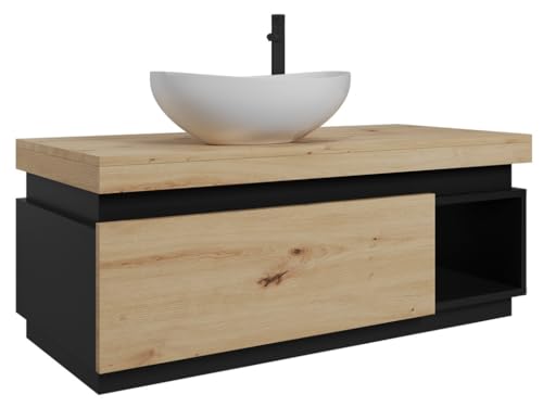 Easy4You Unterschrank Kaya 100 cm Matt Schwarz/Eiche Hängeschrank Badschrank Badezimmerschrank mit Schublade und Ablage