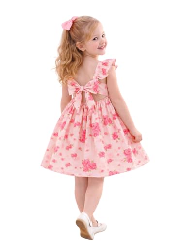Image of Girls Floral Dress Square Neck Ruffle Sleeve Bow Back Twirl Cotton Dress