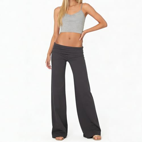 Image of Lounge Yoga Pants for Women Fold Over Low Waist Wide Leg Bell Bottoms | Y2K Foldover Pants, Flare Leggings, Low Rise Yoga Sweatpants