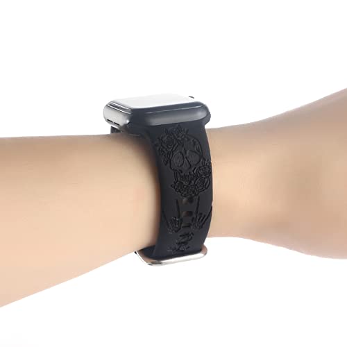 Halloween Floral Engraved Silicone Band Compatible With Apple Watch 38mm 40mm 41mm for Women Men,Skull Pattern Laser Printed Soft Silicone Sport Wristbands Replacement Strap with Classic Clasp for - Image 5