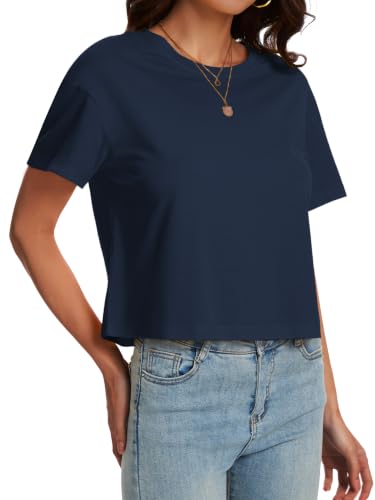 Image of SMENG Women's Crop Tops Cotton Loose Fit Tshirt Basic Short Sleeve Shirt