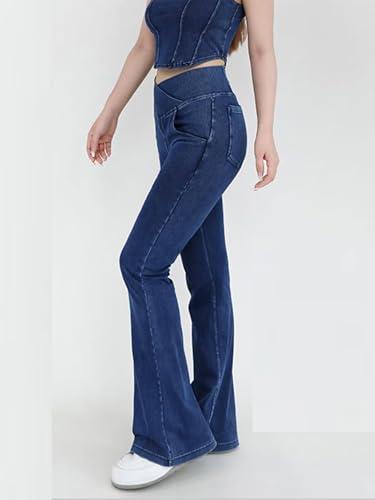 Women's High Waisted Crossover Butt-Lifting V-Waisted Flare Jeans Yoga Denim Pants with Double Pockets3