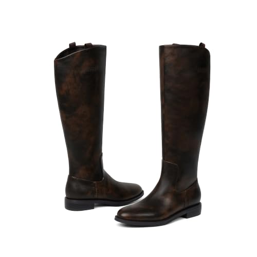 Image of Modatope Knee High Boots Women Rounded Toe Flat Retro Bais Opening Low Chunky Heel Riding Boots