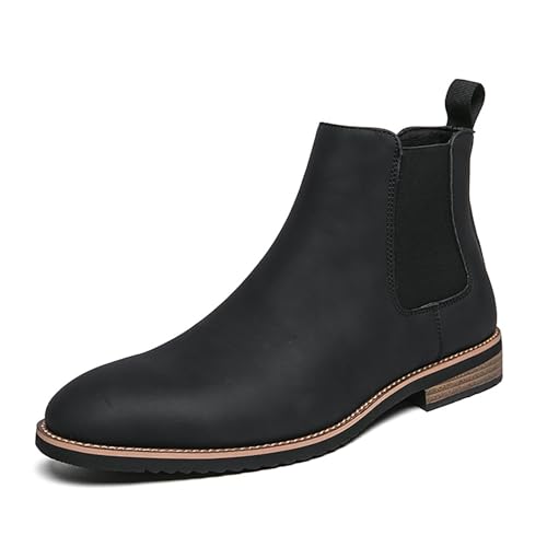 Men'S Leather Low Block Heel Chelsea Boots Comfortable Round Toe Elastic Slip-On Block Heel Men Business Ankle Boots For Office Weddings Prom