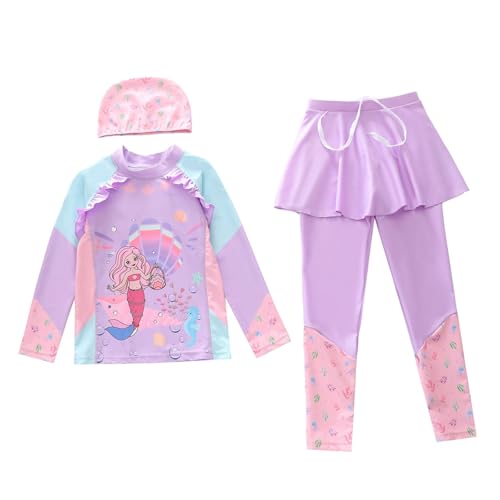 Traje de baño de Manga Larga para niñas, Dos Piezas, Top Protector contra erupciones y Falda de baño, Parte Inferior con protección Solar UPF 50 (Purple2, 4-5 Years)