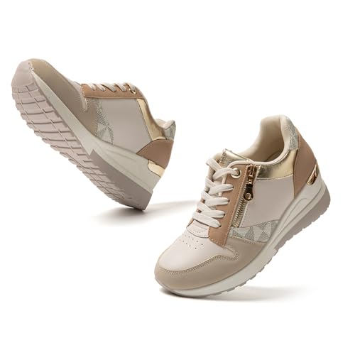 JOMIX Zapatillas Deportivas de Cuña para Mujer - Plataforma de Piel para Vestir, Jogging y Fitness MD9796-6, Beige, 39 EU