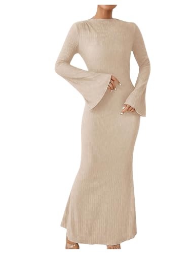 Image of GORGLITTER Women's Bell Long Sleeve Cocktail Maxi Dress Crew Neck Bodycon Fishtail Casual Long Dresses