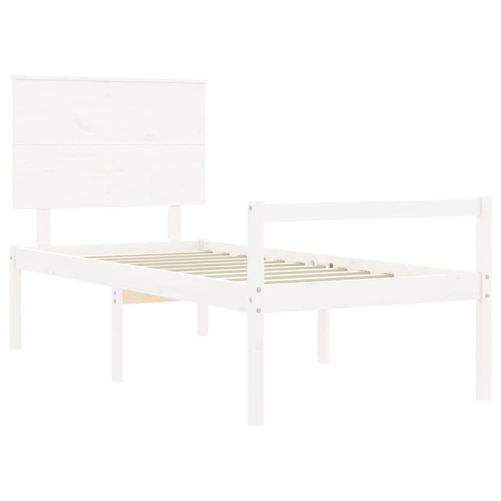 Seniorenbett 90x190 cm mit Kopfteil, Massivholz Kiefer Bettgestell in Weiß, Seniorengerechtes Holzbett mit 45 cm Sitzhöhe, Einzelbett für Senioren und Erwachsene