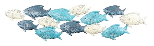Sculpture murale, motif de poissons, longueur : 74 cm, décoration murale, en métal, style industriel, bleu, gris, crème