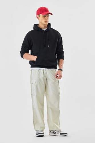Image of SNITCH Men Cargo Pants | Loose Fit with Elastic Waistband & Drawstring | 100% Cotton Fabric with Utility Pockets | Streetwear Style for Casual Outings